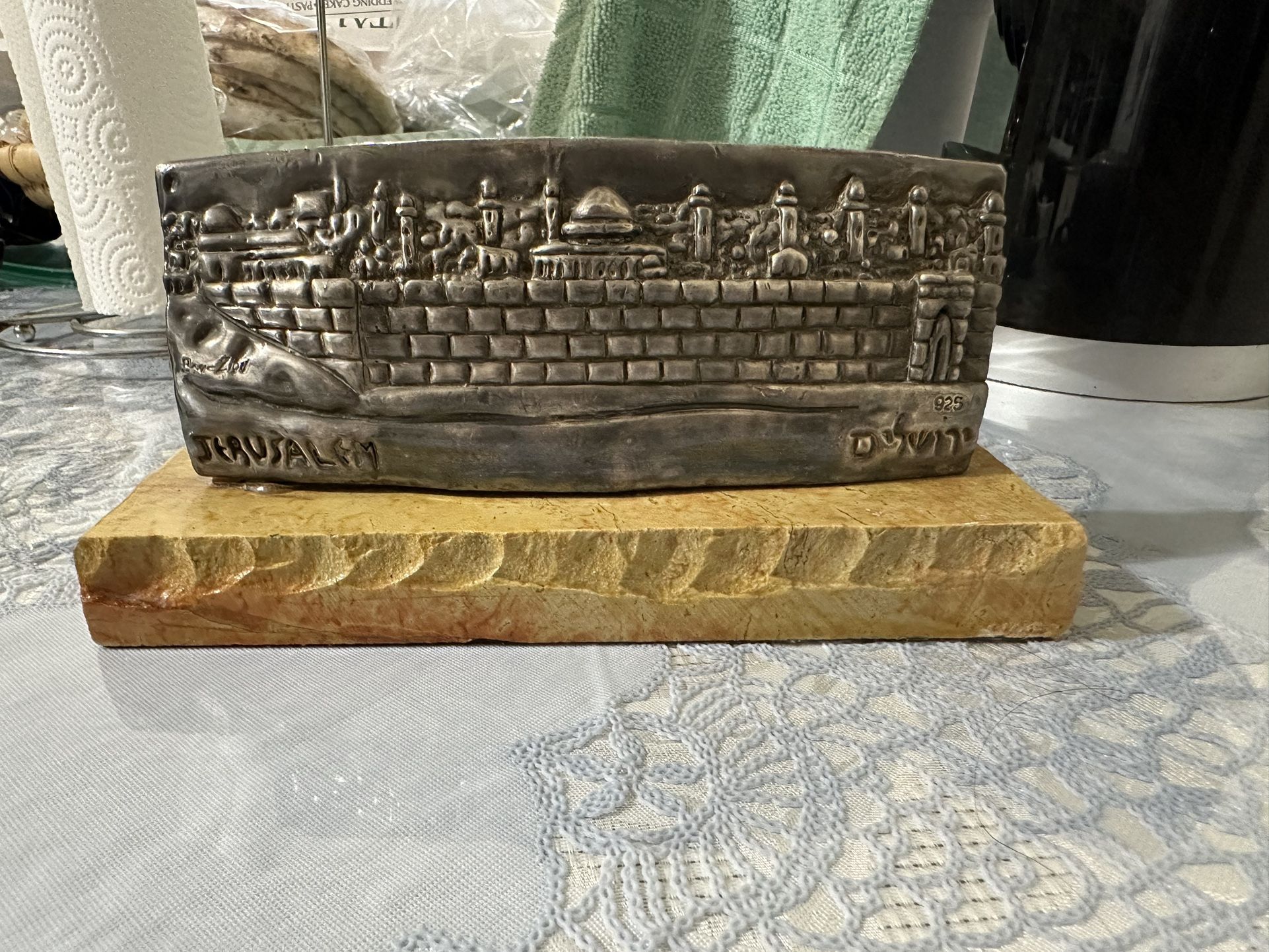 Vintage Ben Zion Sterling Silver 925 Sculpture Jerusalem on Marble Base 14.38 Oz