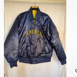 America Soccer Bomber Jacket Yellow Quilted Lined Navy Blue Vintage
