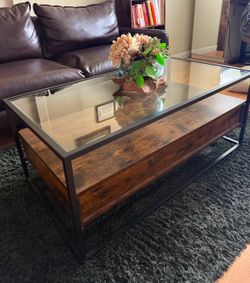 Modern Industrial Coffee Table with Glass Top & 2 Storage Drawers – Excellent Condition