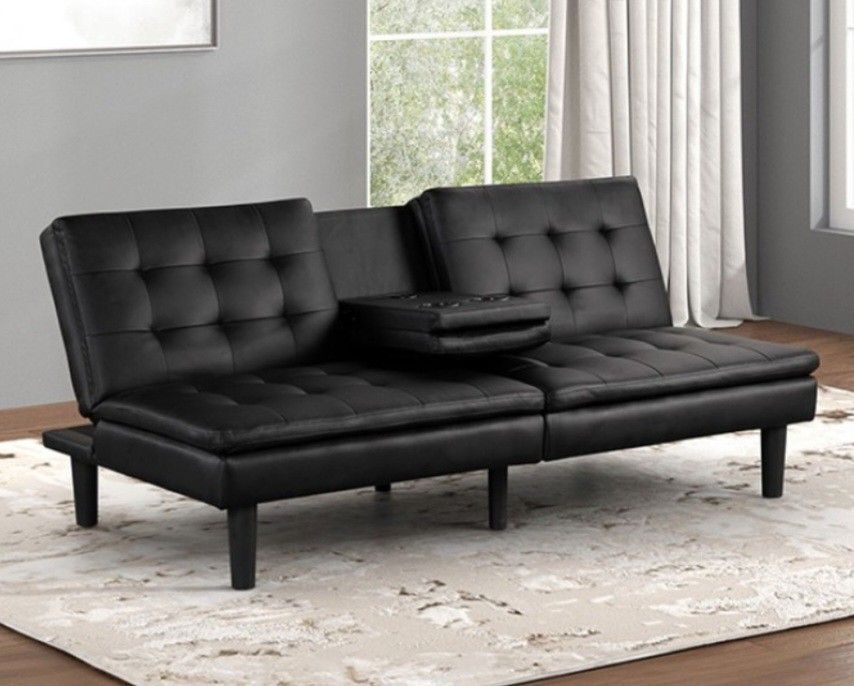 Brand New Black Leather Futon Sofa Sleeper