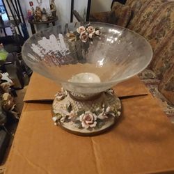 FLORAL PORCELAIN/GLASS  CANDY DISH 