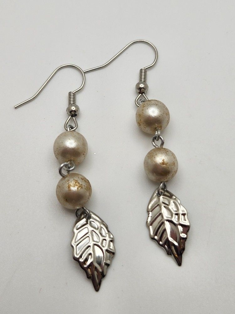 Silver Leaf and Pearl Earrings