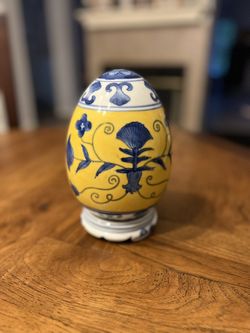 Vibrant Hand-painted Yellow and Blue Porcelain Egg Made in China - 7.5” Tall