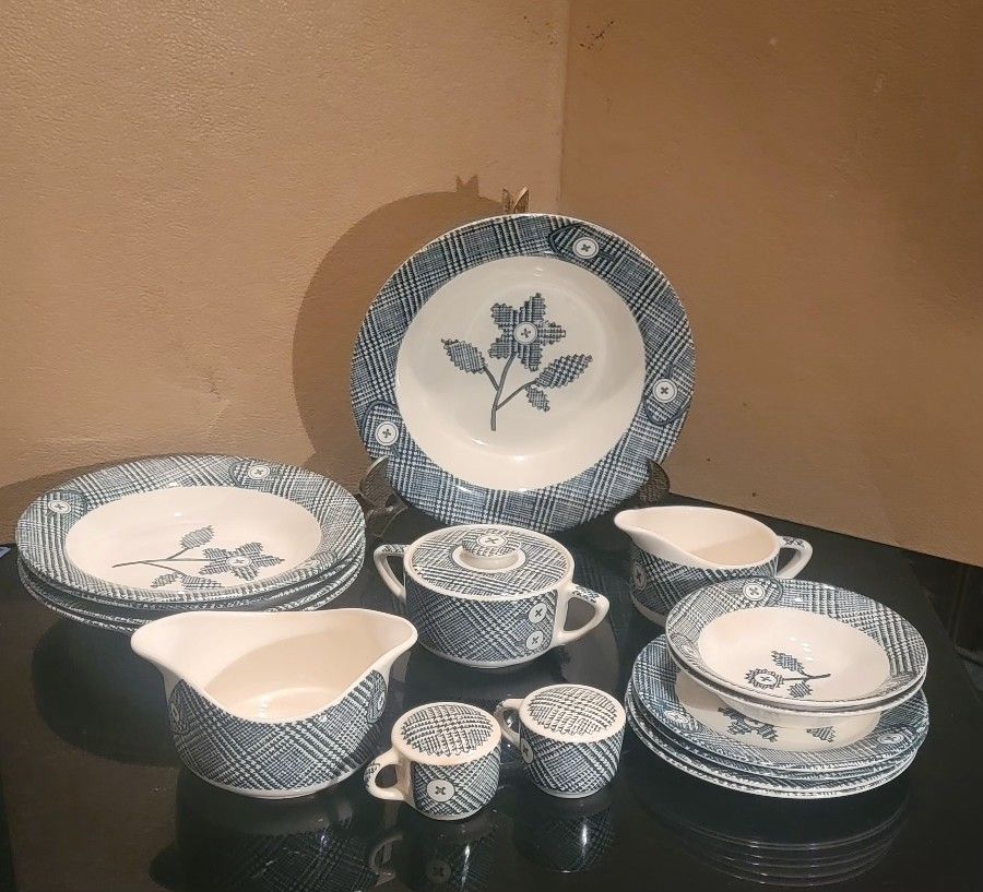 1950S ROYAL SCOT BLUE&WHITE GINGHAM PLAID BUTTON FLOWERS 17 PIECES SET