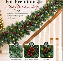Pre-Lit Christmas Garland 9FT with Pine Cones and Berries