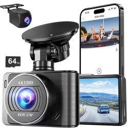 Dash Camera, 4K/1080p Dash Camera Front and Rear, Built-in 5GWiFi, Dash Cam with 64GB SD Card