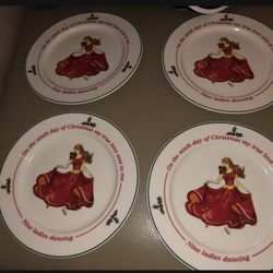 Tuxton 12 Days of Christmas  Dessert Plates Ladies Dancing , Set of 4. New 