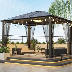 10x12 Hardtop Metal Gazebo,Heavy Duty Pergola with Mosquito Nets,Galvanized Steel&Polycarbonate Roof,Sturdy Outdoor Canopies Tent,Suitable for Gardens
