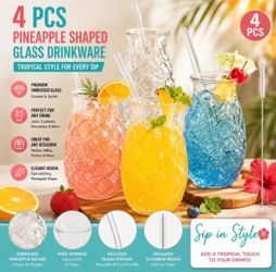 Set of 4 Pineapple Glass Cups with Glass Straws – Tropical Cocktail & Juice Glasses