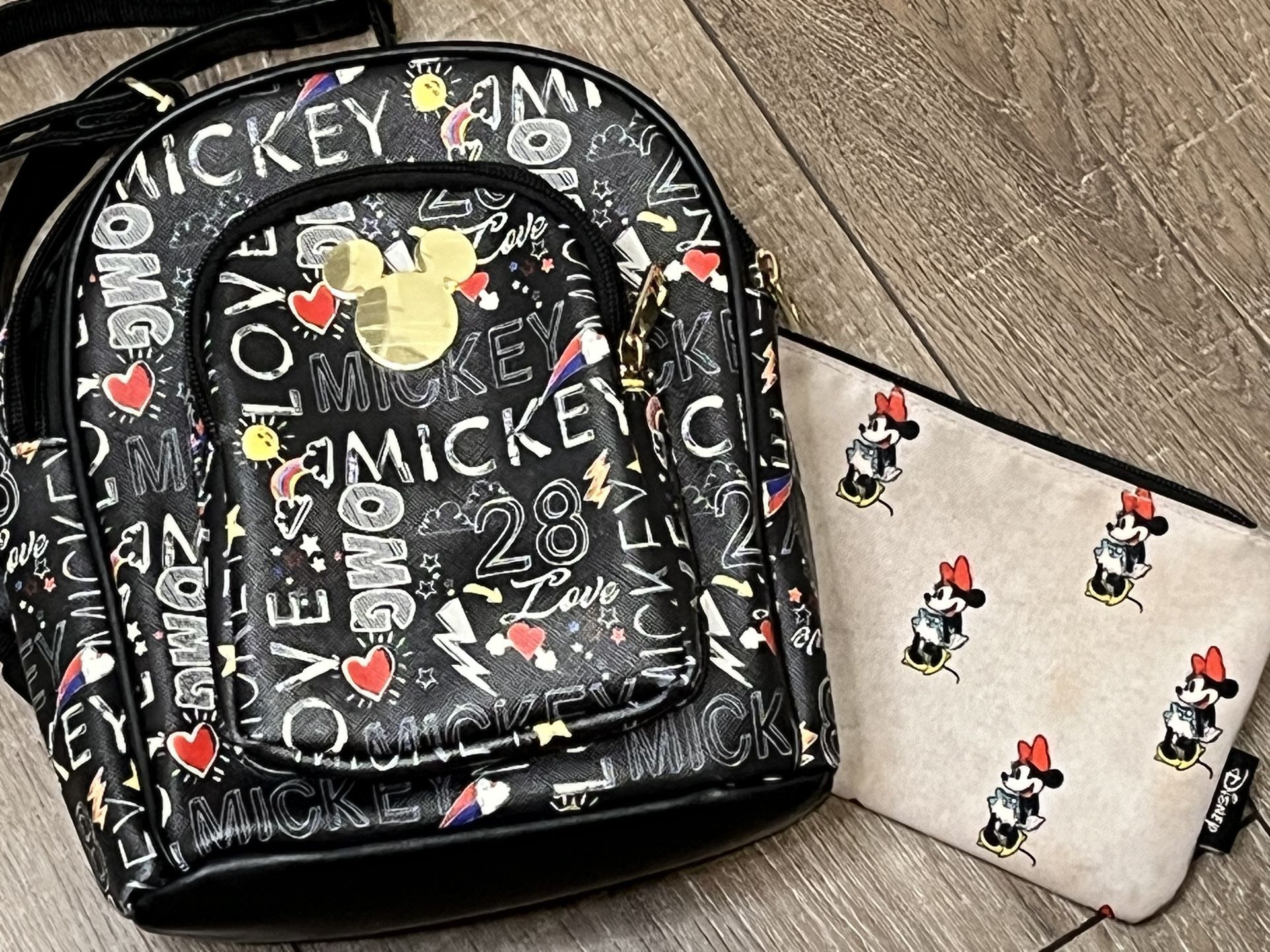 Disney Mickey Mouse Black Vegan Leather “love Omg” All over Print Backpack EUC