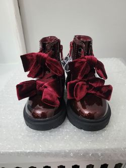 Girls Burgundy Patent Boots with Velvet Bows