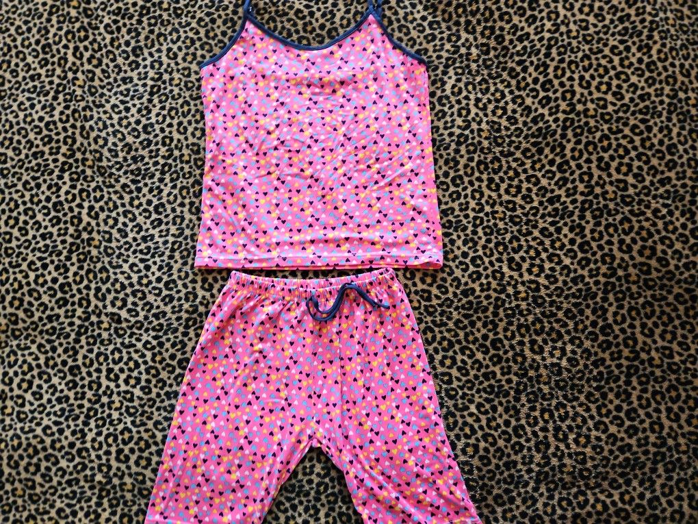 Pink Pjs With Blue, Yellow, And White Hearts