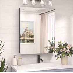 New in the box 20x26 Farmhouse Medicine Cabinet for Bathroom, Black Bathroom Mirror with Storage, Tempered Glass, Frameless Recessed or Wall Mount Alu
