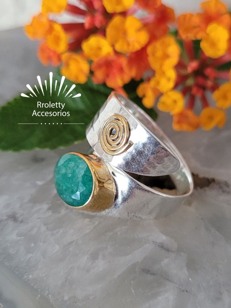 Sterling Silver 925 Ring Emerald Stone And 14k Gold Palted