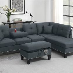 3pcs Sectional Sofa W/Drop-Down Cupholder & Storage Ottoman