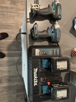Two Makita Impact Drills, Two Batteries, Double Battery Charger