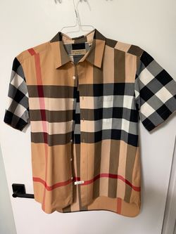 Burberry Tan Black Red Plaid Short-Sleeve Button-Down Shirt