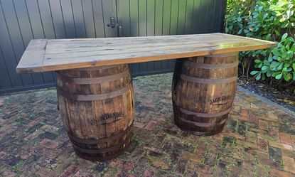 Rustic bar set table ... Vintage Jack Daniels authentic oak whiskey wine bourbon barrel pub table ...