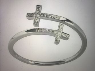 Solid 14k white gold double cross ring with 0.06ct t.w. Diamonds