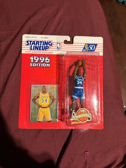 1996 Kenner Starting Lineup action figure featuring Shaquille O'Neal in a Los Angeles Lakers "old time" jersey.