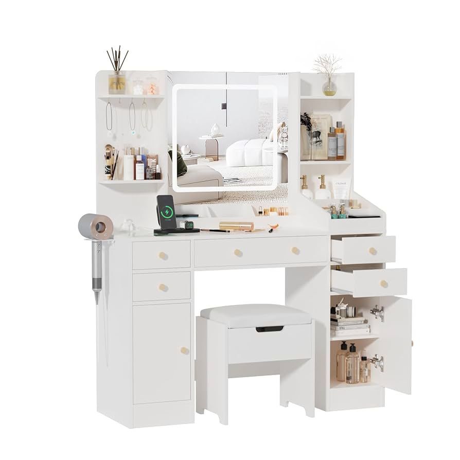 Vanity Desk with Mirror and Lights, 5 Drawers Makeup Vanity Table with Storage Chair, 44.9in Big Vanity Dresser 3 LED Lighting Modes,Power