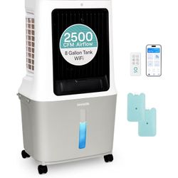 Portable Swamp Cooler Air Conditioner - 2500 CFM Airflow, 8 Gallon Water Tank Portable Evaporative Air Cooler for Room & Outdoors, WiFi