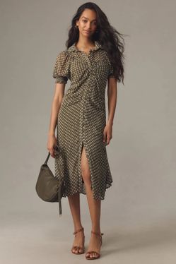 Anthropologie Puff-Sleeve Ruched Mesh Midi Shirt Dress. Vestido con manga. 18W