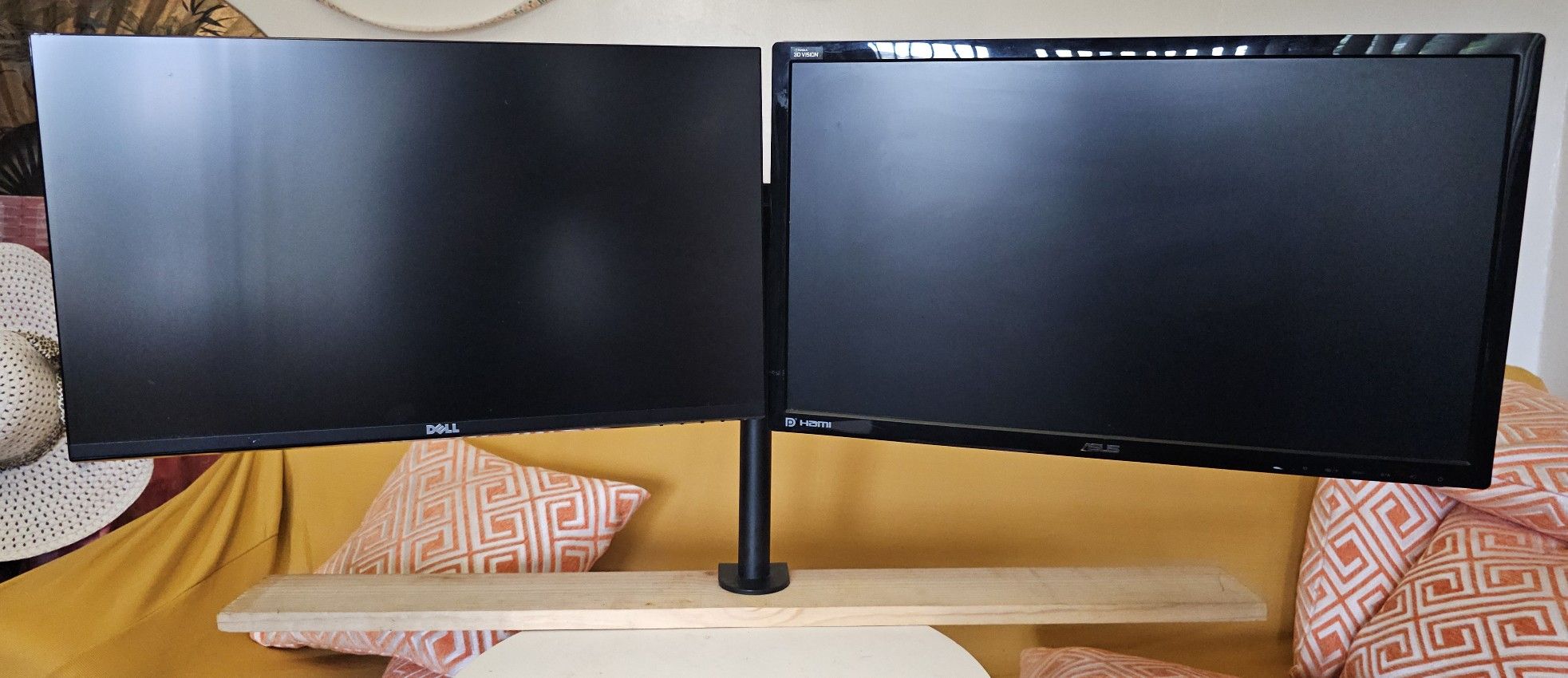 24-Inch Dual Monitor Setup Dell/Asus with Heavy Duty Desk Mount and Power Cords Included