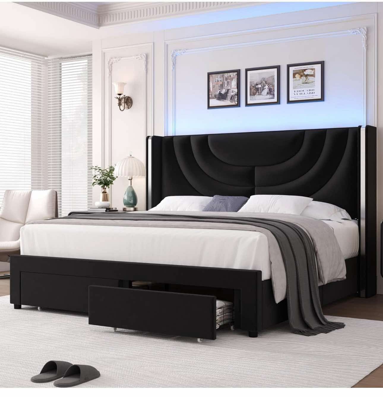 King Upholstered LED Bed Frame with 2 Storage Drawers, Velvet black S-12