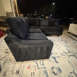 Black Suede Studded Sectional Sofa 