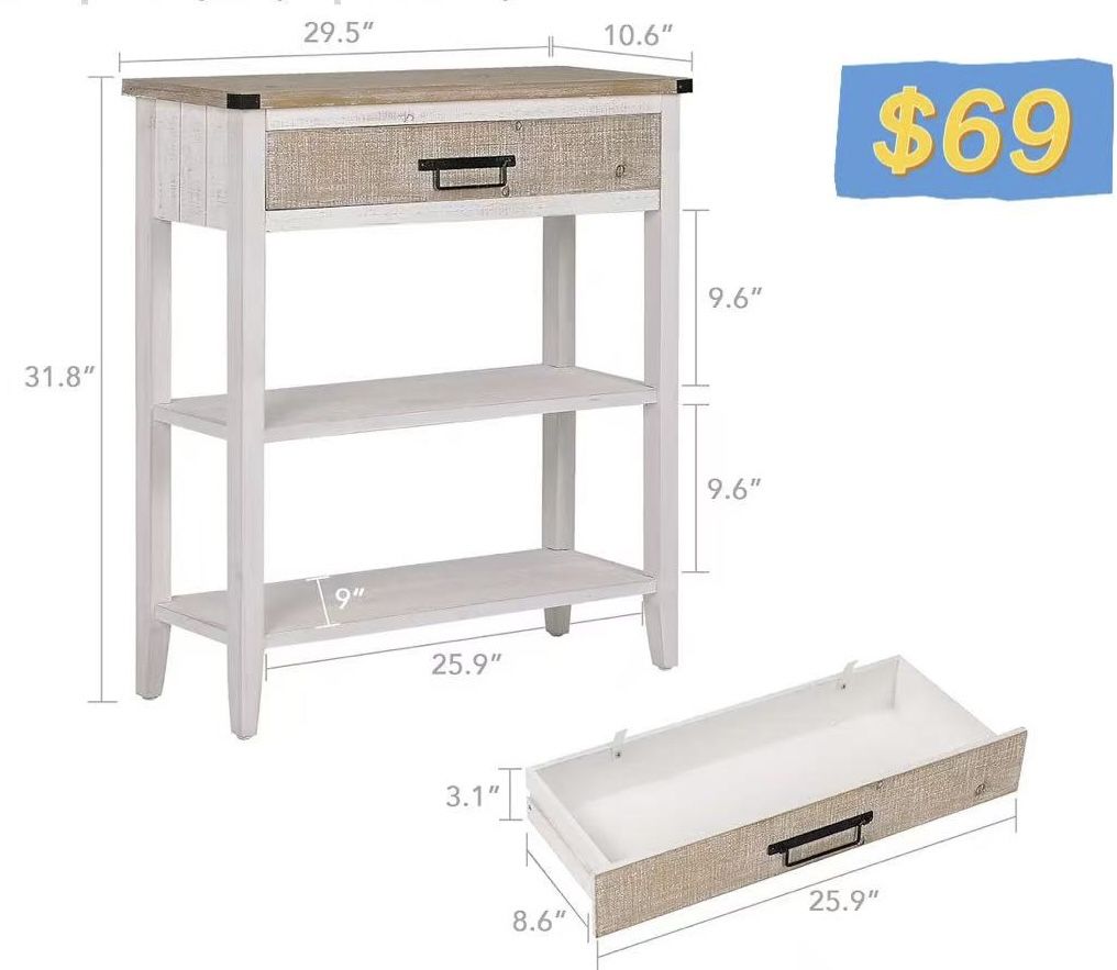 😀 RUSTOWN Rustic Farmhouse Console Table, 3-Tier Narrow Washed White with Drawer Entryway Table Open Storage Shelves Handmade Metal Handle Foyer Sofa