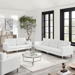 NEW Modway Loft Tufted Vegan Leather Upholstered Living Room Loveseat in Silver White