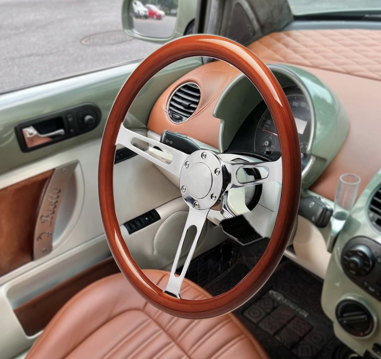 380 mm 14 inch Custom Vintage Wooden Grain Steering Wheel Universal Brushed Spoke Real Wood Classic Wood Steering Wheel With Horn Button (goes well wi