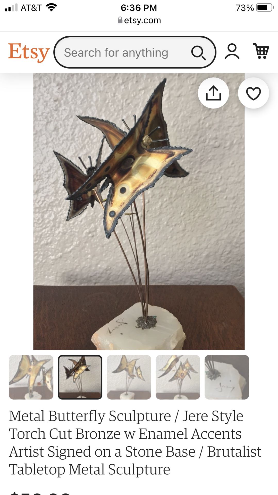 Vintage Bronze Butterfly Stone Sculpture