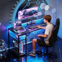 40 Inch Small Gaming Desk with Storage & Led Lights, Computer Desk with Shelf, Reversible Gamer Desk with Monitor Stand, Carbon Fiber Texture Black