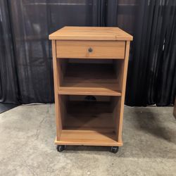 Pine Wood Nightstand with Open Shelves and Casters