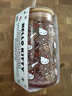 Hello Kitty Christmas Pink Gingerbread Candy Glass Tumbler W/ Bamboo Lid & Straw