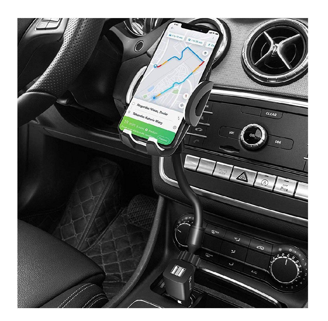 3-in-1 Car Mount Cell Phone Holder with Dual Port USB Charger, Adjust Gooseneck and 360° Rotation