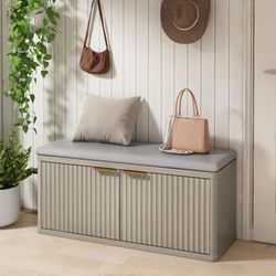 Modern Shoe Bench,Entryway Bench Storage with Padded Seat Cushion,Adjustable Shelf,Light Grey