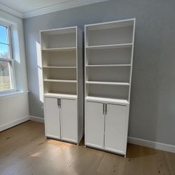 $100 each! Two White Modern Tall Bookshelf Storage Shelves Cabinets! Good condition! Includes removable top shelf for added height. Retails $139 each