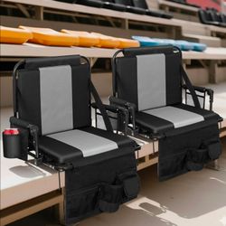 2-Pack Foldable Stadium Bleacher Seat Chairs w/ Cup Holder Pocket Black/Gray