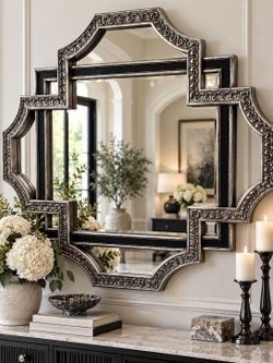 Bassett Mirror Co. 38" Ornate Silver And Black Wall Mirror Hollywood Regency Glam