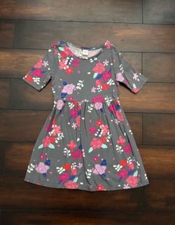 Little Girls Clothes Gymboree Gray Floral Short Sleeve Dress Size M Fits 7/8