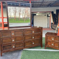 Dresser, mirror, and nightstand