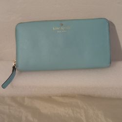 Kate Spade New York Leather Three Zip Around Wallet Teal Blue Polka Dots