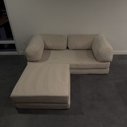 Modular Corduroy Floor Sofa, Sectional Couch with Ottoman & L-Backrest, Versatile Livingroom Sofa, Washable Covers - Off White / Bone