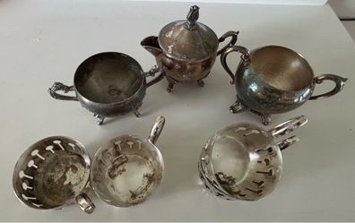 Vintage Silverplate Teapot Set w/ Sugar Bowl, Creamer & 4 Handled Hot Cup Holder