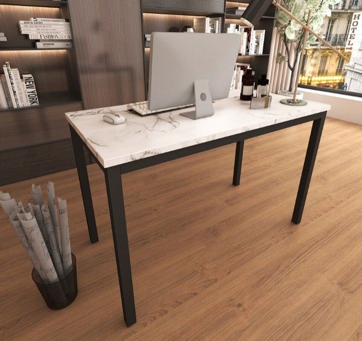 New In Box_ White Faux Marble Print Writing Desk (Dark Gray) Black - Powder Coated

, Unassembled