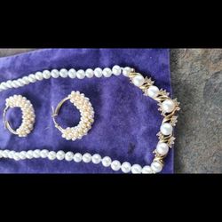 Vintage 10kt Gold Pearl With Diamonds Necklace And Earrings Set