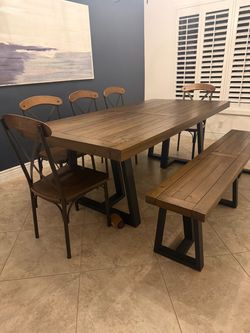 Rustic Wood and Metal Dining Set with Bench